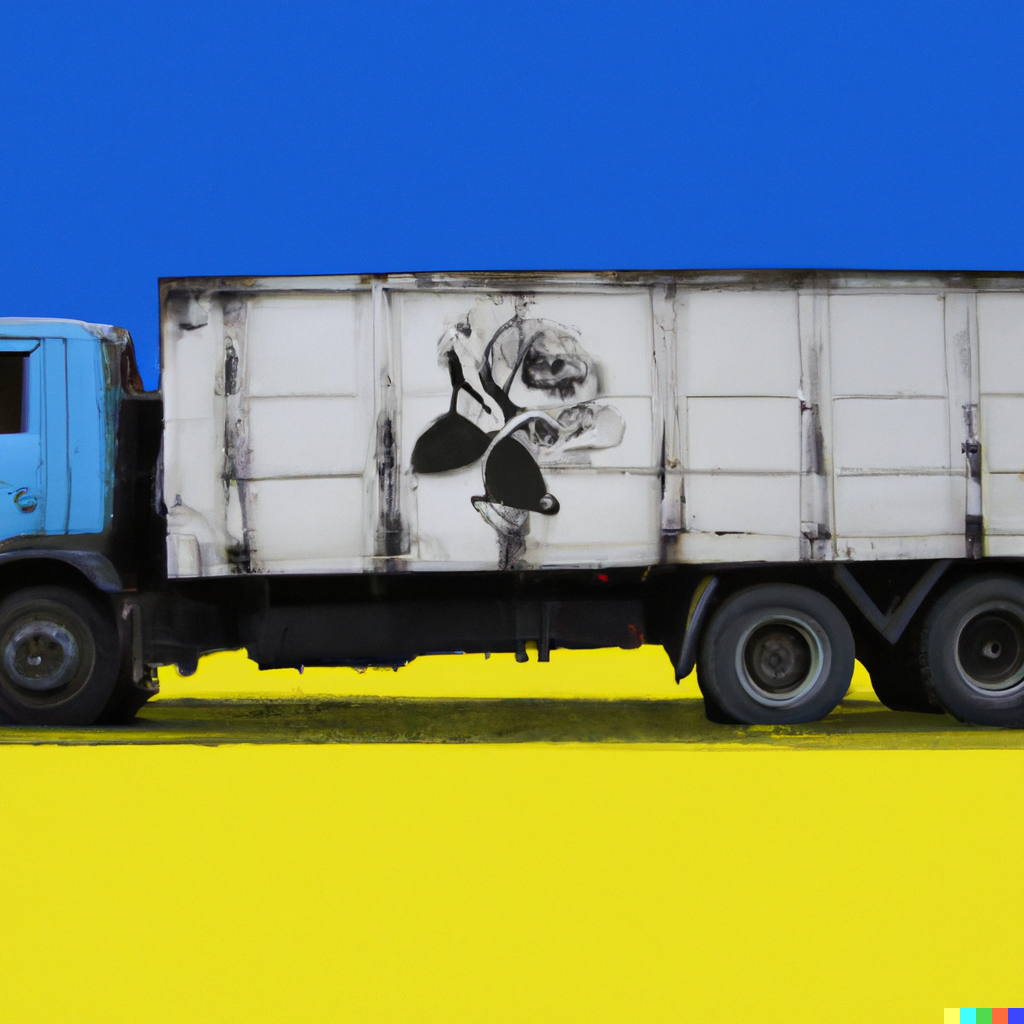 DALL-E picture showing a lorry with a white rose in front of a Ukraine flag background